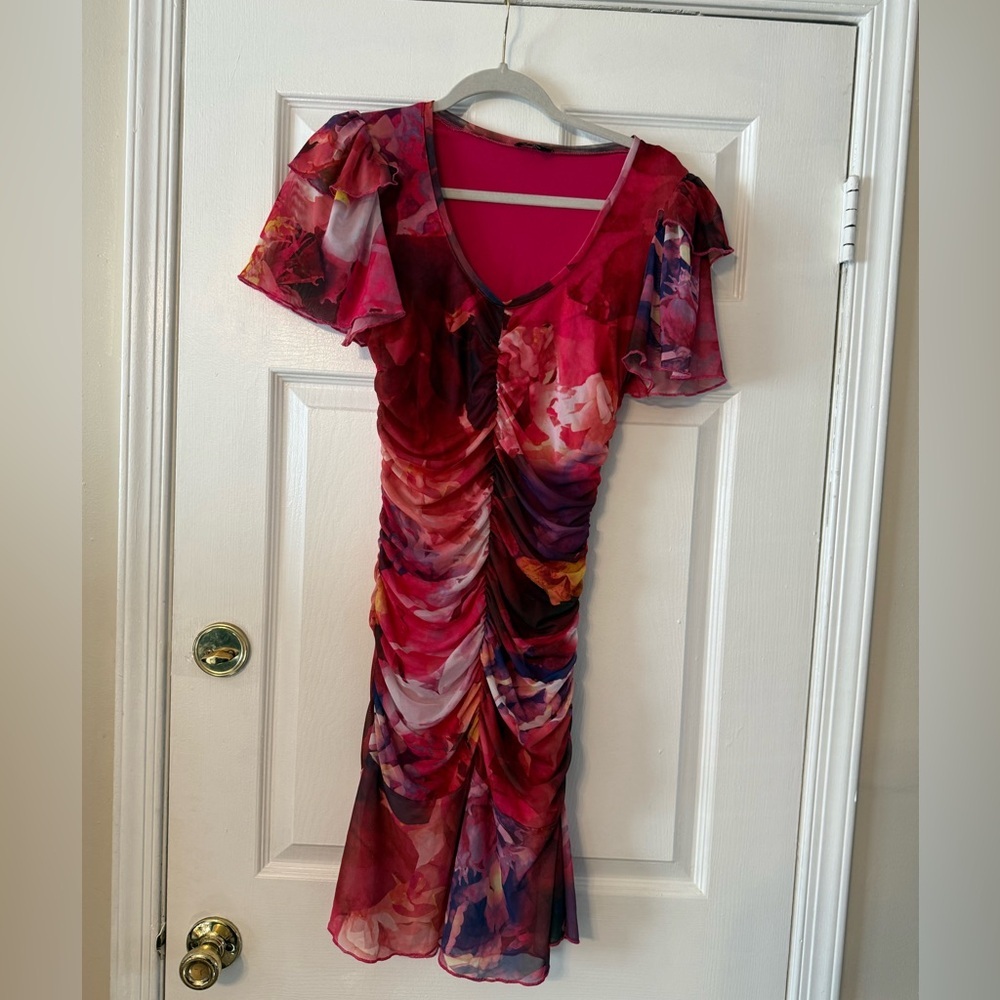 bebe Vibrant Pink Floral Midi Dress